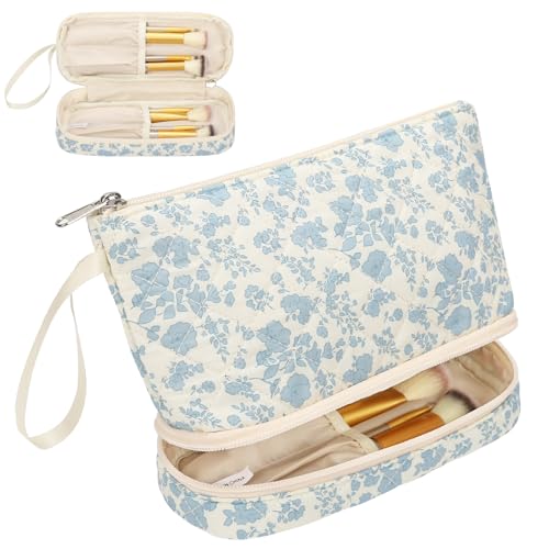 Small Makeup Bag 2 Layers Travel Cosmetic Bag with Makeup Brush Compartment - color: 02-blue flower