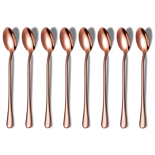 Copper Long Handle Spoon Set - Premium Stainless Steel Coffee Stirrers, Ice Tea and Ice Cream Spoons, Cocktail Stirring Spoons - Set of 8 (Rose Gold) - color: 5. Copper-8 Piece
