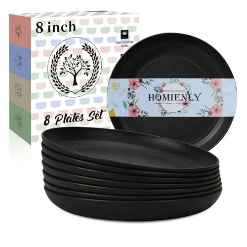 Homienly Wheat Straw Plates Unbreakable Deep Dessert Plates Set of 8 Plastic Plates Reusable Microwave Safe Plate for Kitchen Camping Party Dishwasher Safe Stackable Appetizer Plates (8in, Black) - color: Black, size: 8 Inch