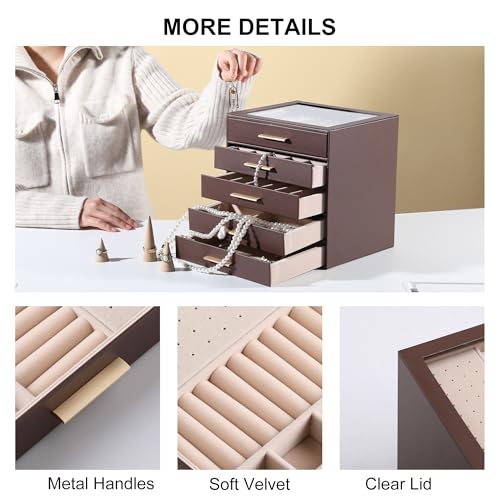 Frebeauty Jewelry Box for Women,Clear Lid Jewelry Organizer with 5 Drawers - color: Dark Brown, size: 5 Drawer