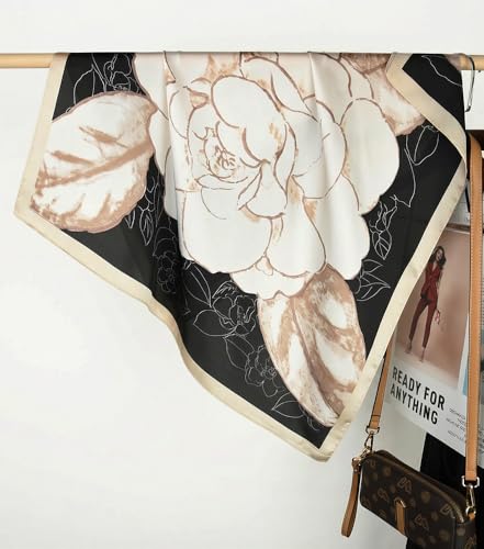 corciova Women’s Square Scarf 27.5 in (70 x 70 cm), Satin-Feel Polyester, Lightweight Fashion Scarf for Hair, Neck and Bag - color: Floral (Black / Off White)