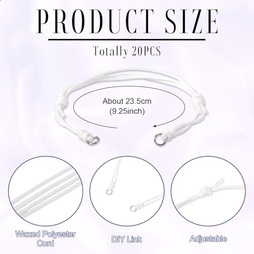 20Pcs Adjustable Braided Cord Bracelets Waxed Polyester Cord Bracelet Making Set Friendship String Bracelets for DIY Women Jewelry Making Supplies (White) - color: White, size: 235mm