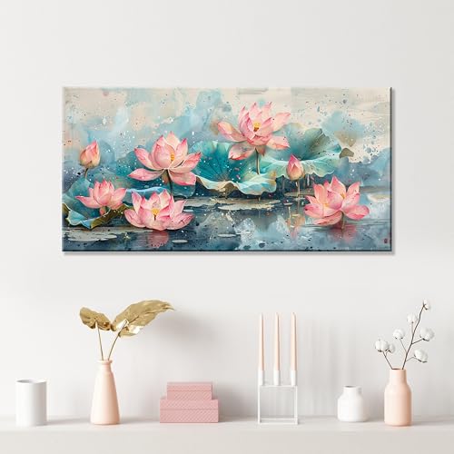 NAN Wind 1Pcs Pink Lotus Flowers Canvas Prints Wall Art Green Leaves and Blooming Water Lilies Framed Wall Decor Ready to Hang Nature-Inspired Floral Decorative Art for Living Room Bedroom Office - color: Pink Lotus-One Piece, size: 40"L x 20"W