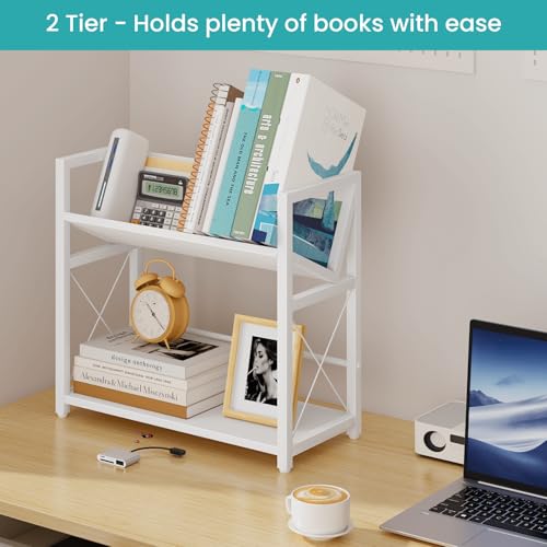 ELITEROO Desktop Bookshelf Organizer, 2 Tier Wood Desk Shelf for Tabletop Storage, Small Book Rack for Office, Home, or Study, Mini Bookcase for Book Display, Decor, and Supplies, White - color: White