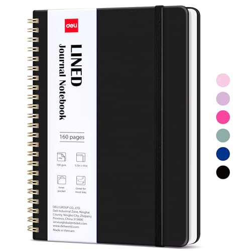 deli Black Lined Spiral Journal Notebook, 160 Pages, A5 (5.5"x8") Hardcover Writing Notebook, College Ruled Spiral Bound Journal for Women & Men - Perfect for Work, School, Office & Note Taking - color: Black