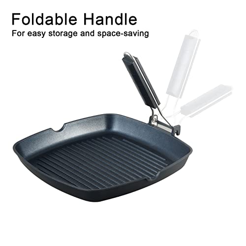S·KITCHN Grill Pan with Folding Handle, Nonstick Grilling Pan for Stove Tops, Induction Compatible Square BBQ Pan with Pour Spouts - 11 in - size: 11 IN