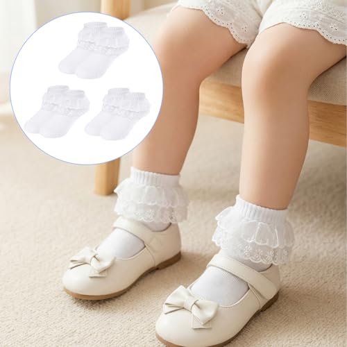 3 Pairs Baby Girl Socks Ruffle Sock Lace Frilly Socks for Newborn Infant Toddler 1-2 Years - color: White