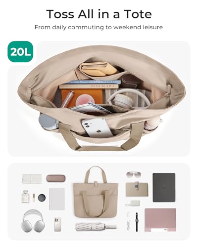 BAGSMART Tote Bag for Women, Foldable Tote Bag With Zipper Travel Shoulder Bag Handbag for Work - color: Brownstone