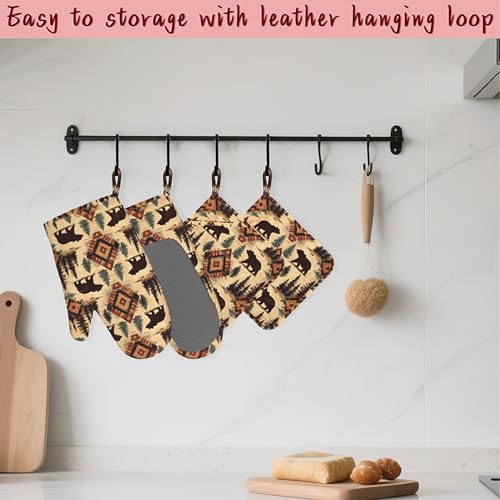 Tribal Bear Retro Geometric Silicone Oven Mitts and Pot Holders,Heat-Resistant 4 Piece Kitchen Set Non-Slip Oven Gloves and Hot Pads for Cooking, Baking, Grilling,BBQ - color: Tribal Bear Retro Geometric