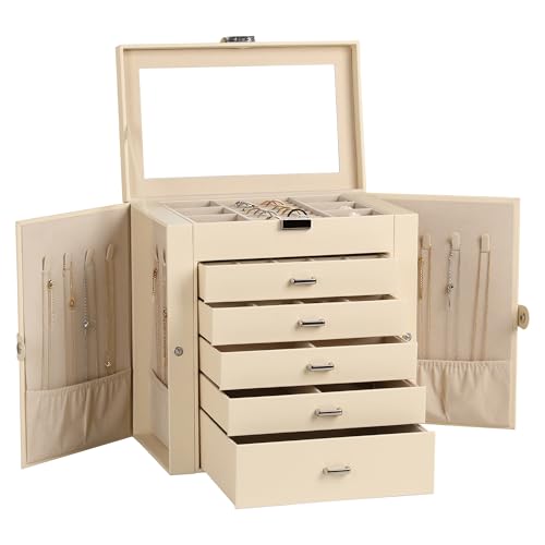 Frebeauty 6-Layer Jewelry Box for Women,Large Jewelry Organizer with Drawer - color: Beige, size: Large