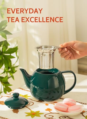 Sweese Teapots for Tea, 27 oz Porcelain Tea pot with Removable Stainless Steel Infuser, Tea Pots for Loose Tea - Dark Green - color: Dark Green, size: 27oz (with infuser)