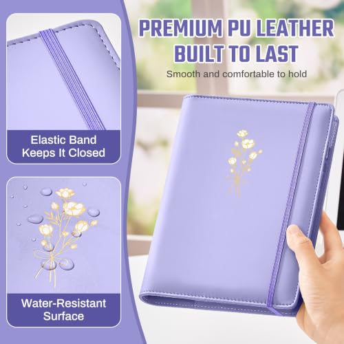Ovesmusl Aesthetic A5 Binder 6 Ring, PU Leather Refillable Planner Cover - color: Purple-flowers, size: A5