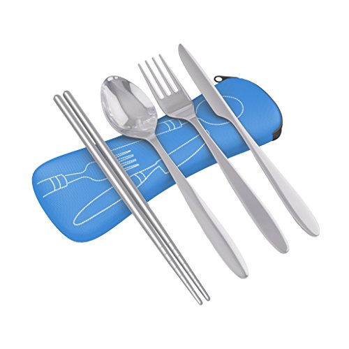 Reusable Travel Utensils with Case | Fork and Spoon Set with Knife, Chopsticks and Optional Reusable Straw– Office, Travel, or Camping Accessories| Lightweight Sturdy Reusable Utensils - color: 4pc Set - Light Blue