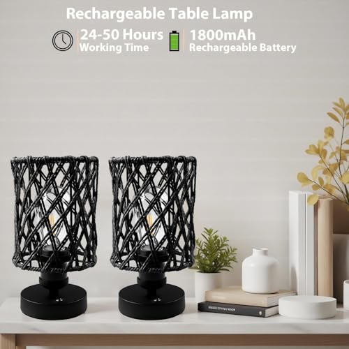 Cordless Outdoor Table Lamps, Small Rattan Boho, Rechargeable Battery Operated for Outdoor Patio, Home, Living Room, Bedroom, Bedside - Set of 2 (Black-A) - color: Black-A