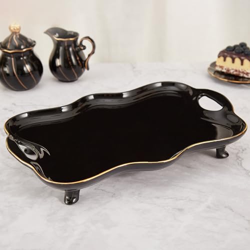 DUJUST Porcelain Serving Tray with Handles, Luxury British Style Coffee Table Tray with Golden Rim, Beautiful Tea Tray Decor for Living Room, Easy to Use & Clean - Black - color: Golden Rim: Black