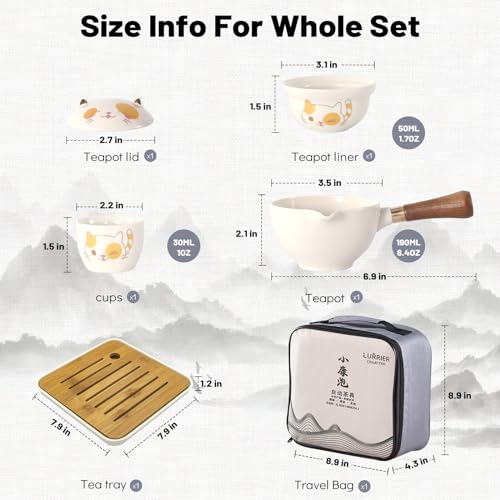 LURRIER Porcelain Chinese Gongfu Tea Set,Portable Teapot Set with 360 Rotation Tea maker and Infuser,Portable All in One Gift Bag for Travel,Home,Gifting,Outdoor and Office (Kitty Cat) - color: Cat