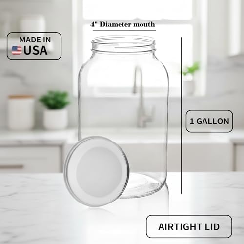 kitchentoolz 1 Gallon Glass Jar with Lid - Extra Wide Mouth Mason Jar - Made in USA - color: White Lid, size: 1 Gallon