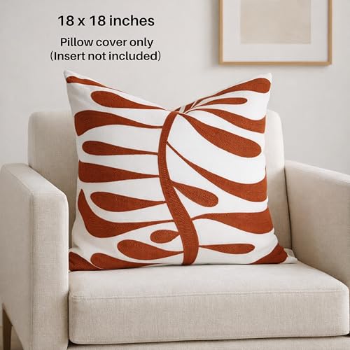 AYAY Decorative Velvet Throw Pillow Cover 18x18 Inch – Off White with Orange Rust Embroidered Abstract Design, Modern Boho Accent Cushion, Hidden Zipper, Cover Only - color: Abstract Rust and Off White