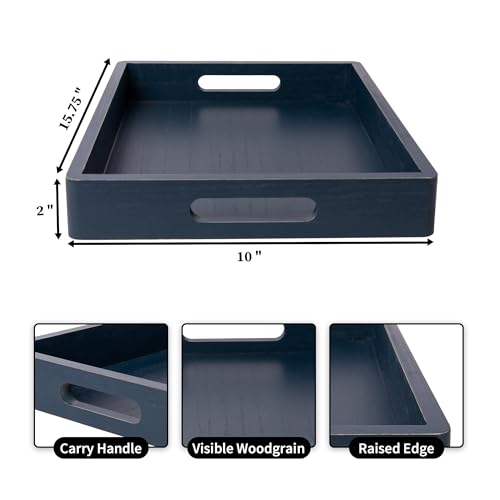 DD DEFINED DECO Coffee Table Tray, Blue Wood Serving Tray with Handles for Food & Drinks, Coffee Table, Ottoman, Breakfast in Bed, Deep Blue(15.75''*10'')