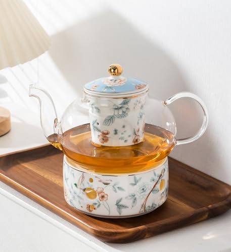 Jusalpha Porcelain Tea Set, Blue Floral Series, 4 Cups and Saucers with Teapot, Warmer, Filter and Spoon, 16 Pieces