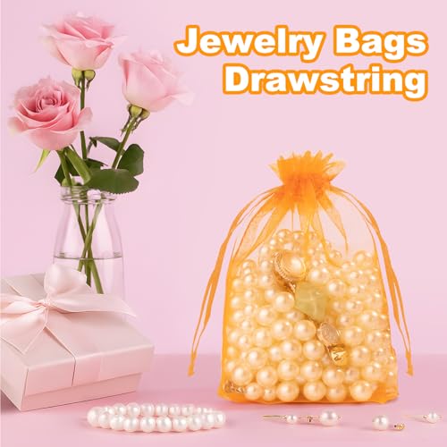 Crweety 50Pcs Organza Bags 3x4, Orange Small Mesh Gift Bags Drawstring Bulk - color: Orange