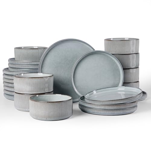 Famiware Star Stoneware Dinnerware Sets for 8, Reactive Glaze Plates, Bowls - color: Smoky Blue
