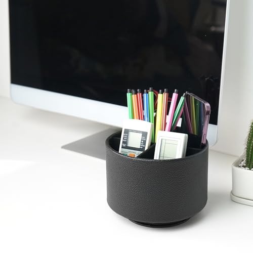Round Leather Art Supply Organizer,Remote Control Holder,360 Degree Spinning,Multi-Functional Pencil Holder,4 Compartments Desktop Stationary Organizer(1-Lichee Black) - color: 1-Lichee Black