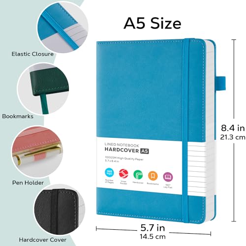 FOCUS DAY 2 Pack Lined Notebook Journals for Women/Men Work, A5 Leather Journal Notebook with Pen Loop, 100Gsm Premium Thick Paper, Inner Pocket, Medium 5.7"x8.4", Blue & Black - color: Black Blue, size: A5