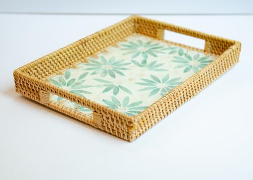 Magenta & Teal Decorative Rectangle Rattan Serving Tray 13x9 inch Mother of Pearl Inlay, Wicker Coffee Table Decor, Farmhouse (Light Blue Flower Pink) - color: Light Blue Flower Pink