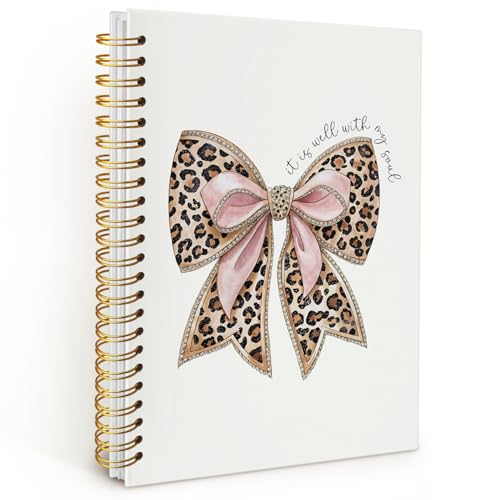 Leopard Coquette Bow Christian Spiral Notebook, Christian Notebook for Women, Religious Prayer Journal for Woman, It is Well with My Soul Scripture Hardcover Notebooks 5.5x8.3 - color: Pink Bow - Leopard Bow