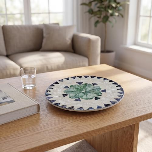 7.5" Mother of Pearl Shell Placemat, Round Decorative Charger Plate - color: Toothed green leaves