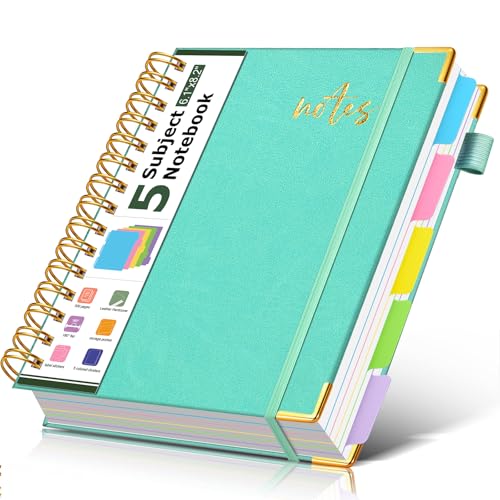 5 Subject Spiral Notebook Journal with Removable Dividers Tabs, 300 Pages Organizer Notebooks for Work School, A5 Hardcover Leather Notebook College Ruled, Lined Journal for Women Men，Aqure - color: Aqure, size: A5