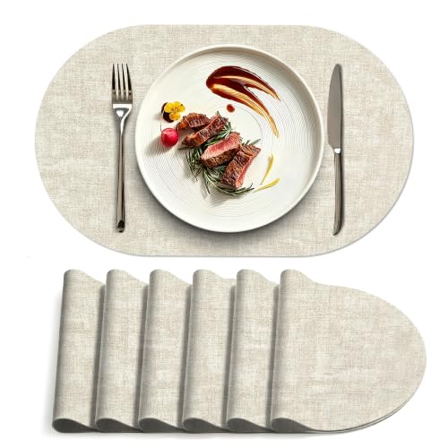 Placemats Set of 6, 17.7 x 11.8 Inch Oval Faux Leather Place Mats - color: R-beige