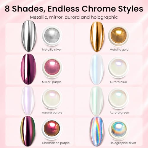 Beetles Chrome Nail Powder Set 8 Colors Mirror Effect Metallic - color: Multicolor-8