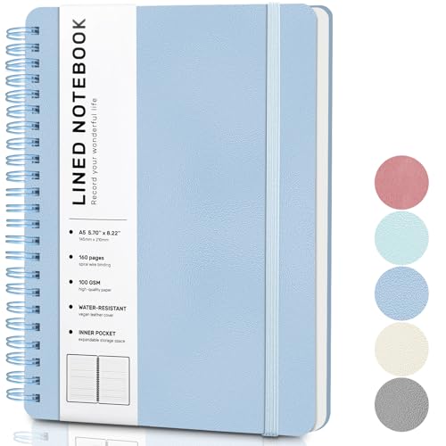 Lined Spiral Notebook for Women, A5 College Ruled Leather Spiral Journals - color: Light Baby Blue, size: A5