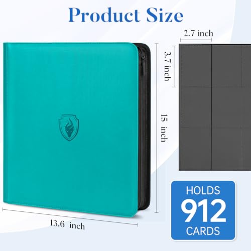 Premium Zip Card Binder 12 Pocket, Fabmaker 912 Pocket Trading Card Binder - color: Turquoise, size: 12 Pocket - 15" x 13.6"