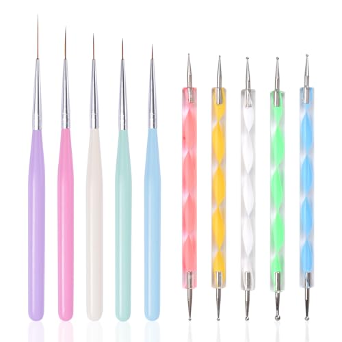 10Pcs Nail Art Brush Kit Double-end Dotting Pens Nail Fine Liner Brushes for UV Gel Polish Acrylic Nails 10 Sizes Dotting Drawing Pens Nail Art Design Tool