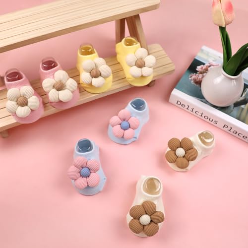 4Packs Baby Girls Socks,Flower Non-Slip Grips for Babies Toddler Princess - color: Pink Light Bule Off White Yellow