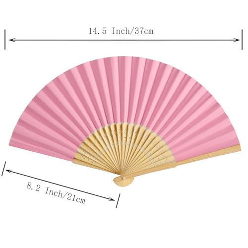 50pcs Paper Hand Fan with Organza Bags Bamboo Handheld Folding Fan DIY Decorative Wedding Party Favors (Pink) - color: Pink