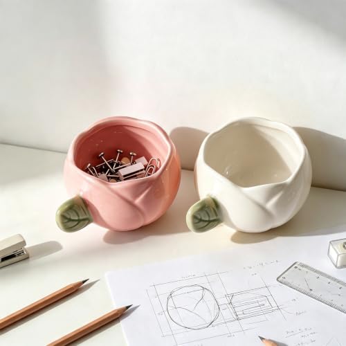 2 Pack Tulip Ceramic Paper Clip Holder, Flower Office Desk Decor - color: Tulip Pink+White