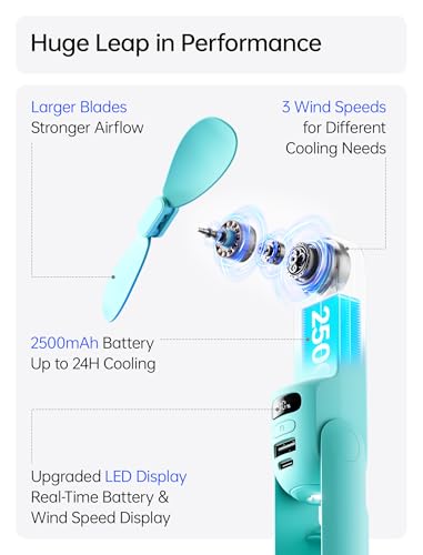 JISULIFE Portable Handheld Fan, 3 In 1-Fan, Power Bank, Flashlight, Cyan - color: Cyan