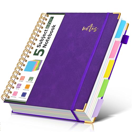 Hardcover Spiral Notebook Journal 8.5" x 11" Leather 5 Subject Notebook with Removable Dividers Tabs, 300 Pages Organizer Notebooks for Work School, College Ruled, Large Lined Journal for Women,Purple - color: Deep Purple, size: A4