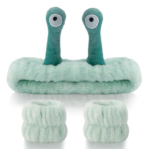 SuPoo 3pcs Snail Face Wash Headband and Wristband Set, Green, Puffy Microfiber Fleece Material, Cute Wrist Towels, for Spa, Sports, Yoga, Face-Washing, Makeup and Shower - color: 3pcs-green
