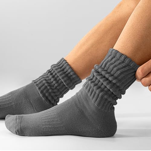 AugRing Women's Scrunch Crew Socks Retro 3-Pack Solid Cotton Boot Calf Chunky Ribbed Cozy Slouchy Socks Size 5-11 - color: White/Black/Dark Grey