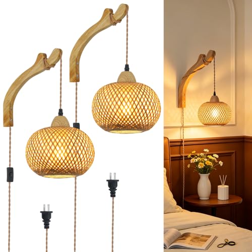 Frideko Bamboo Wall Sconces Set of Two Plug in, Boho Wall Lamp with Plug in Cord, Farmhouse Wall Light Fixtures with 9.84FT On/Off Switch Cord, Rattan Sconces Wall Lighting for Bedroom Living Room - color: Orange(2PC)