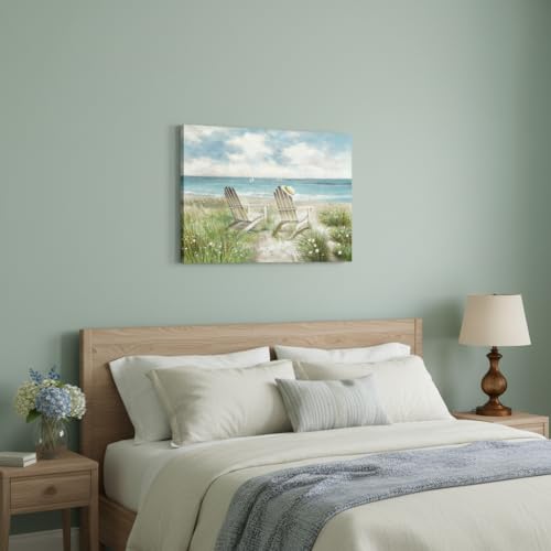arttitue Seascape Wall Art Canvas Picture: Beach Chair Seascape Print Decor Ocean Coastal Scene Painting Seaside Sea Wave Grass Artwork for Bathroom Living Room - color: Beach Chair, size: 16"L x 11"W
