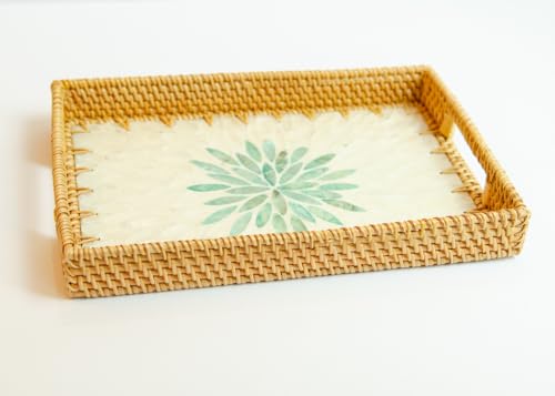 Magenta & Teal Decorative Rectangle Rattan Serving Tray 13x9 inch Mother of Pearl Inlay, Wicker Coffee Table Decor, Farmhouse (Silver Green Flower) - color: Silver Green Flower