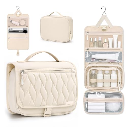 TOPEAST Quilted Travel Toiletry Bag for Women,Detachable Hanging Makeup Bag - color: White