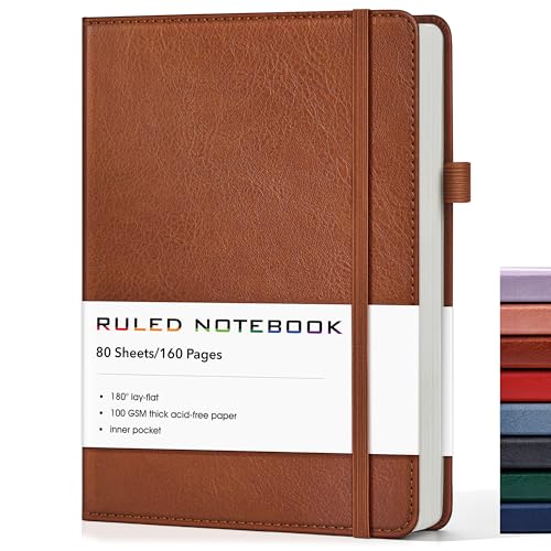 Lined Journal Notebook, A5 Hardcover Leather Journals for Writing, 160 Numbered Pages, 5.7'' x 8.3'' Journaling Notebooks for Men Women, Thick Paper College Ruled Journal for Work Office School, Brown - color: Brown, size: Lined