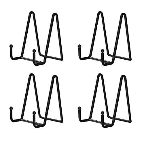 Decolore 4 Pack 4.5 Inch Black Display Stands Metal Plate Holder Display Stands for Picture, Decorative Plate, Book, Photo Easel, Artistic Work